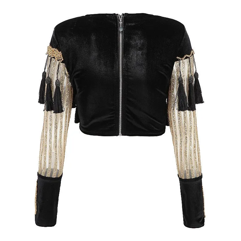 Long Sleeve Velvet Patchowork Luxurious Beading Tassel Sequined Crop Top