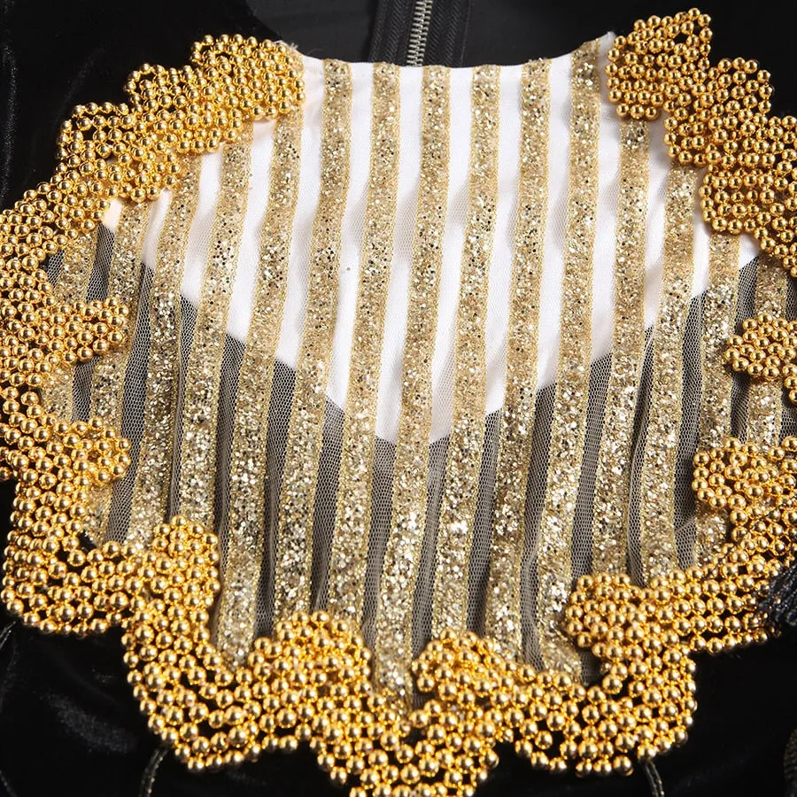 Long Sleeve Velvet Patchowork Luxurious Beading Tassel Sequined Crop Top