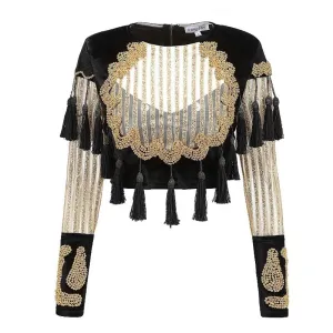Long Sleeve Velvet Patchowork Luxurious Beading Tassel Sequined Crop Top