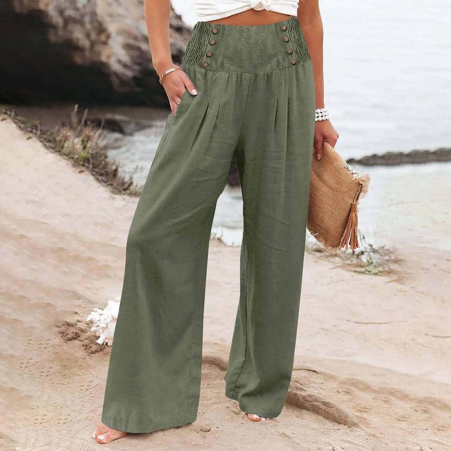 Lounge Pants Plus Size Women Summer Boho Wide Leg High Waist Linen Palazzo Pants 2025 Beach Travel Vacation Trouser