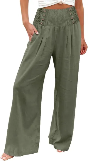 Lounge Pants Plus Size Women Summer Boho Wide Leg High Waist Linen Palazzo Pants 2025 Beach Travel Vacation Trouser