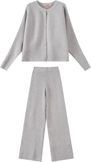 Lounge Set Women Ribbed Knit Cardigan Wide Leg Pants Co-ord Gen Z Approved Comfortable Fit Easy Care Relaxed Style