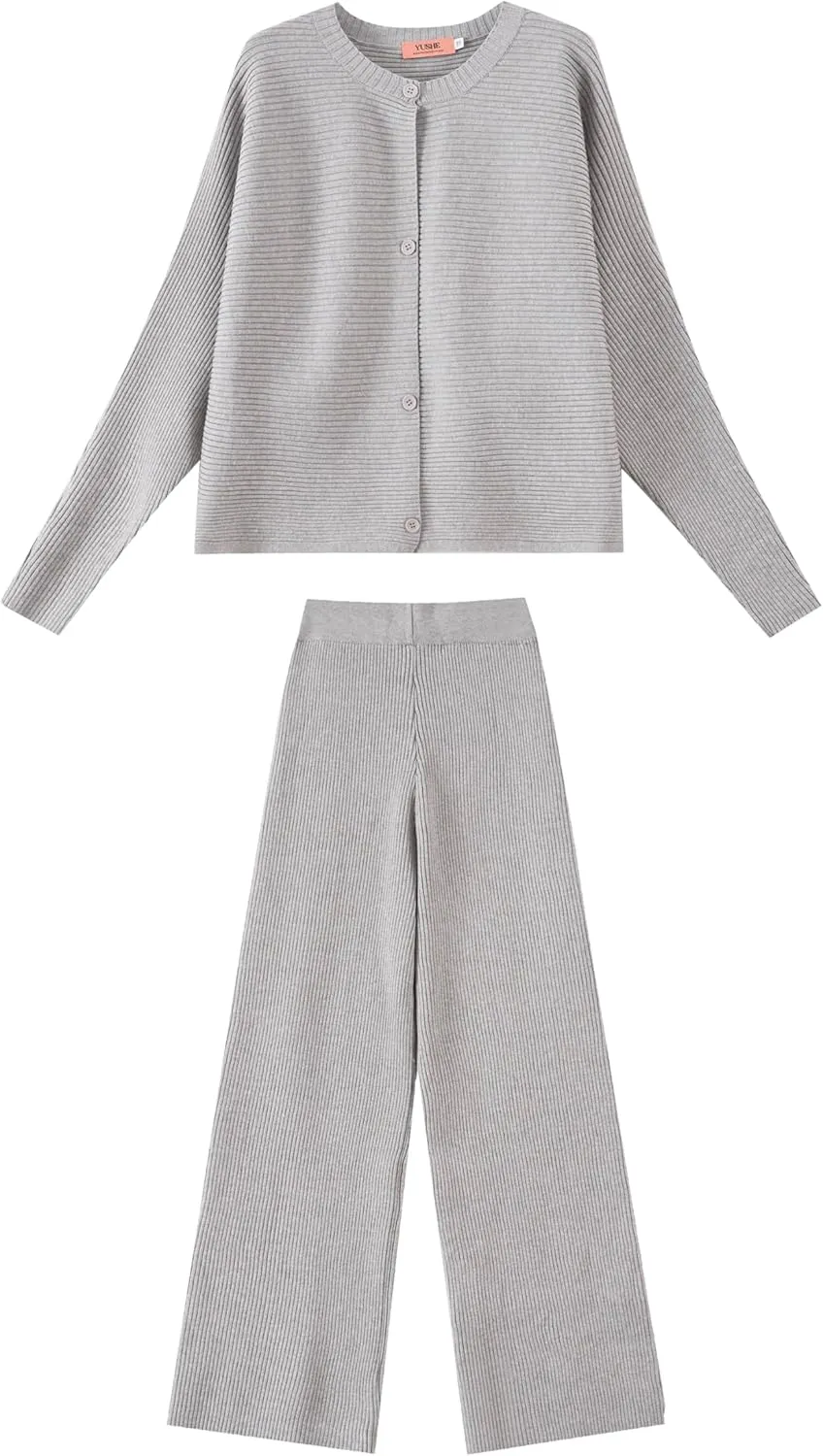 Lounge Set Women Ribbed Knit Cardigan Wide Leg Pants Co-ord Gen Z Approved Comfortable Fit Easy Care Relaxed Style