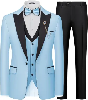 MAGE MALE Mens Suit Slim Fit 3 Piece Tuxedo Suits One Button Wedding Prom Party Dinner Blazer Vest Black Pants Set