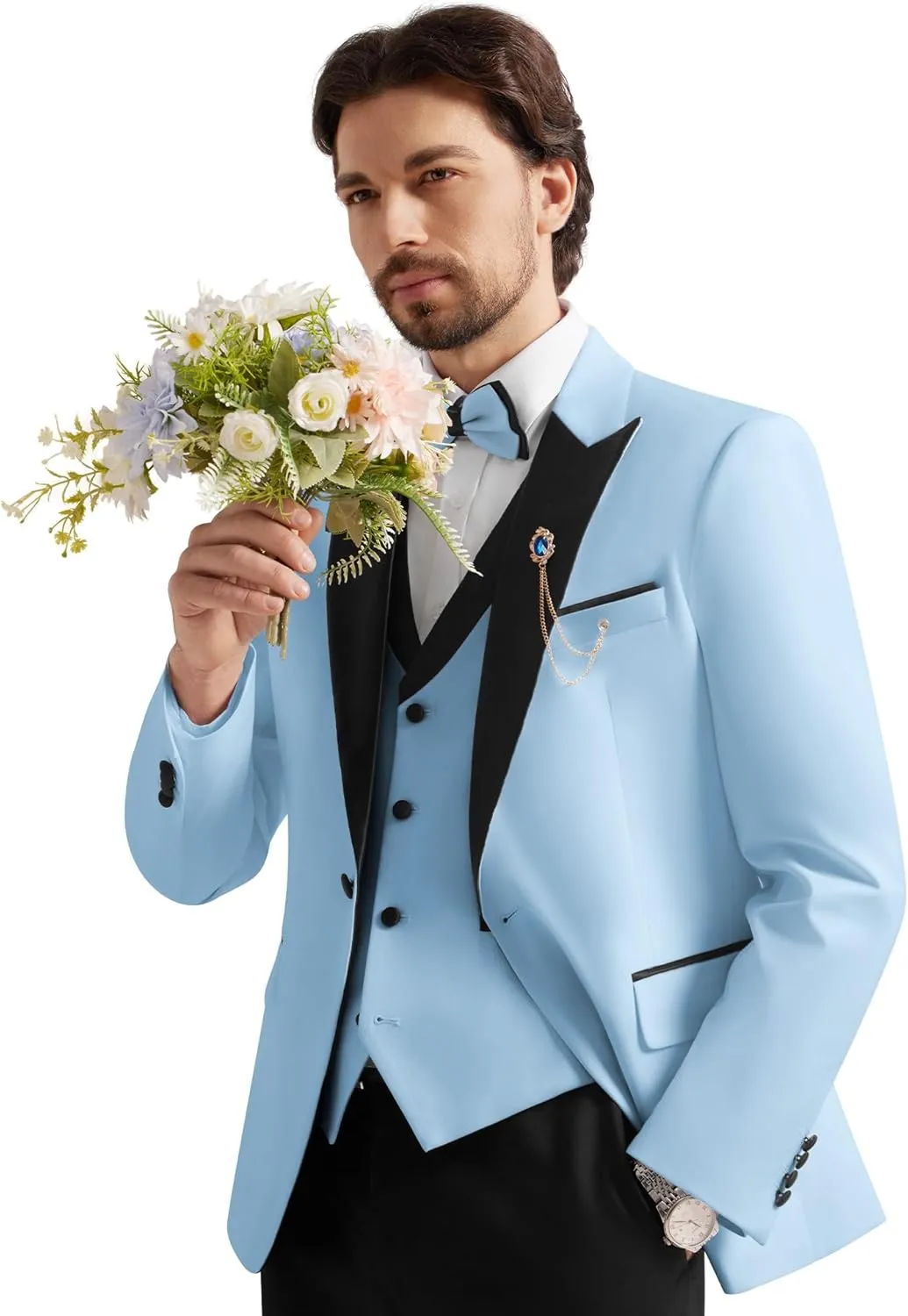 MAGE MALE Mens Suit Slim Fit 3 Piece Tuxedo Suits One Button Wedding Prom Party Dinner Blazer Vest Black Pants Set