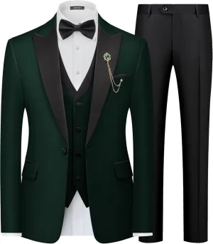 MAGE MALE Mens Suit Slim Fit 3 Piece Tuxedo Suits One Button Wedding Prom Party Dinner Blazer Vest Black Pants Set