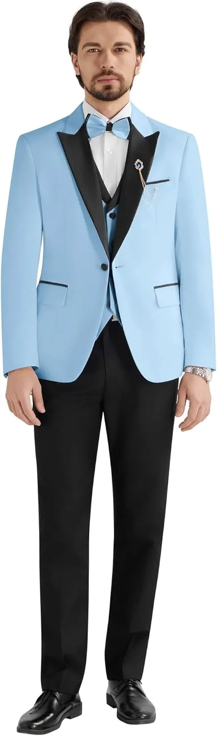 MAGE MALE Mens Suit Slim Fit 3 Piece Tuxedo Suits One Button Wedding Prom Party Dinner Blazer Vest Black Pants Set