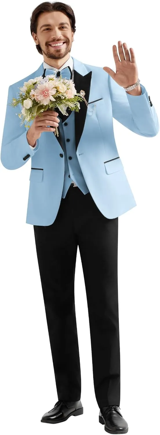 MAGE MALE Mens Suit Slim Fit 3 Piece Tuxedo Suits One Button Wedding Prom Party Dinner Blazer Vest Black Pants Set