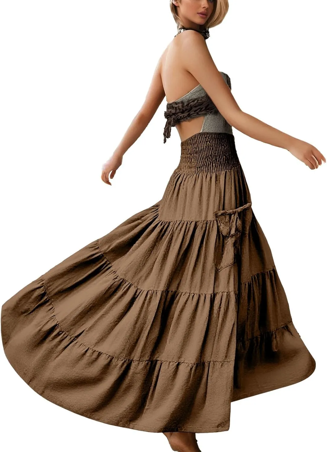 Maxi Skirt for Women Elastic Wrap Waist Beach Flowy Long Skirts with Pockets Casual Boho Ruched A-Line Dress