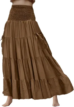 Maxi Skirt for Women Elastic Wrap Waist Beach Flowy Long Skirts with Pockets Casual Boho Ruched A-Line Dress