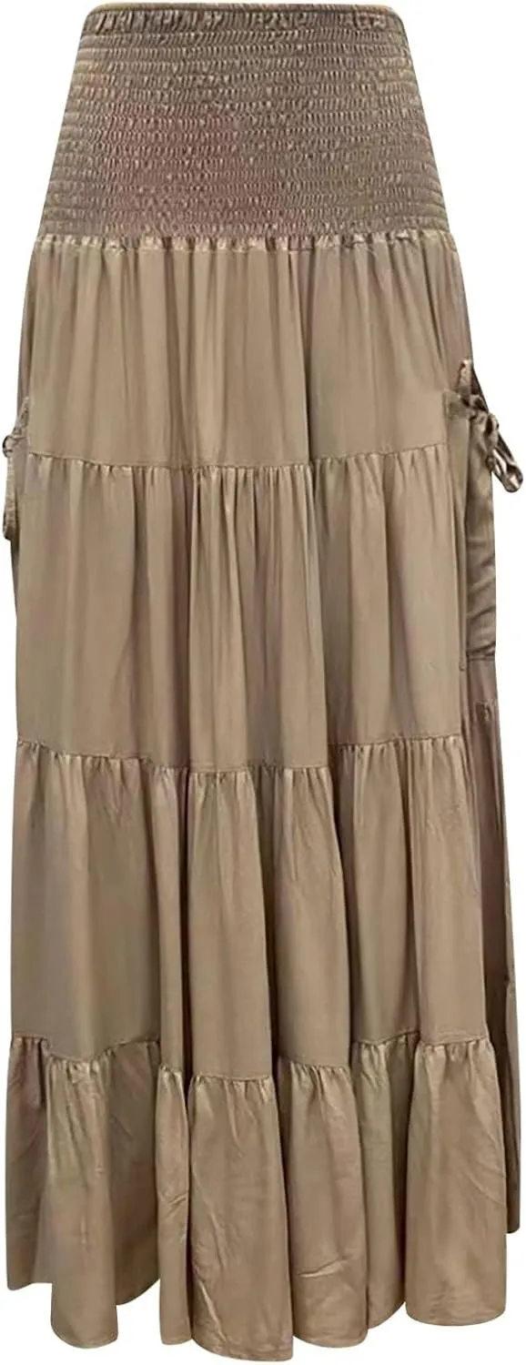 Maxi Skirt for Women Elastic Wrap Waist Beach Flowy Long Skirts with Pockets Casual Boho Ruched A-Line Dress