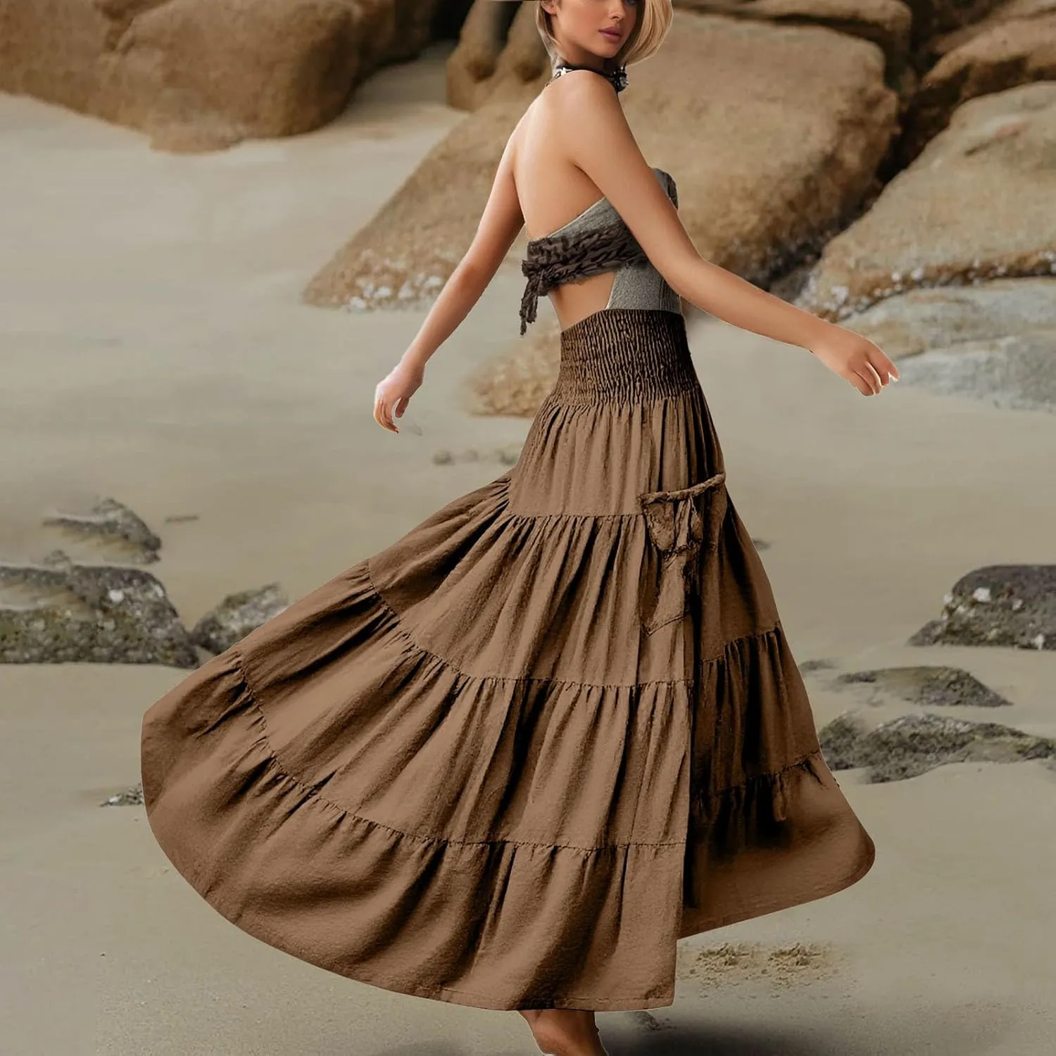 Maxi Skirt for Women Elastic Wrap Waist Beach Flowy Long Skirts with Pockets Casual Boho Ruched A-Line Dress