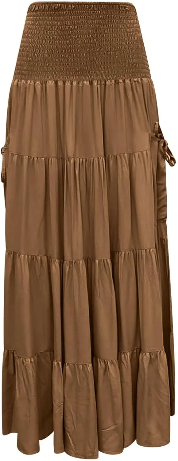Maxi Skirt for Women Elastic Wrap Waist Beach Flowy Long Skirts with Pockets Casual Boho Ruched A-Line Dress