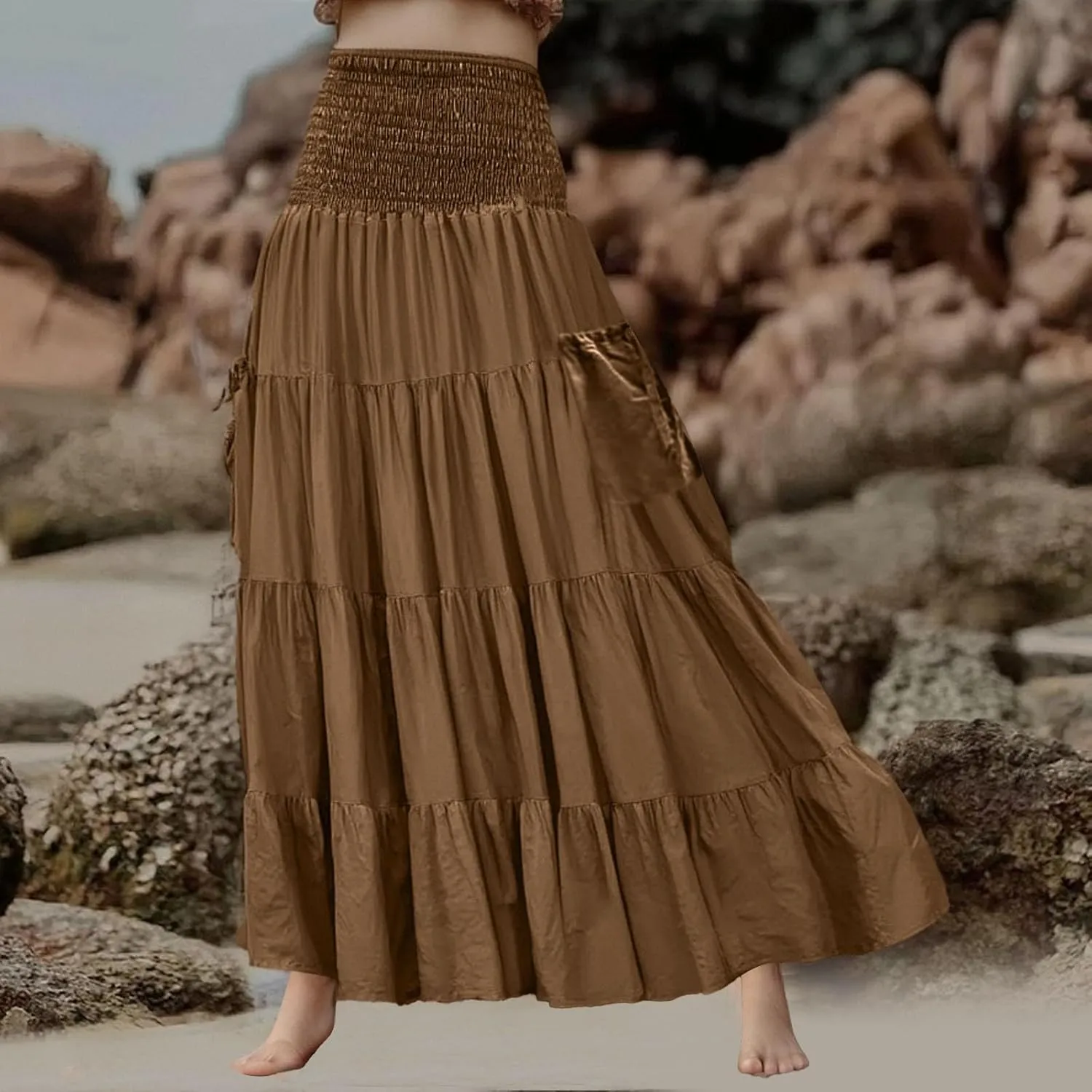 Maxi Skirt for Women Elastic Wrap Waist Beach Flowy Long Skirts with Pockets Casual Boho Ruched A-Line Dress