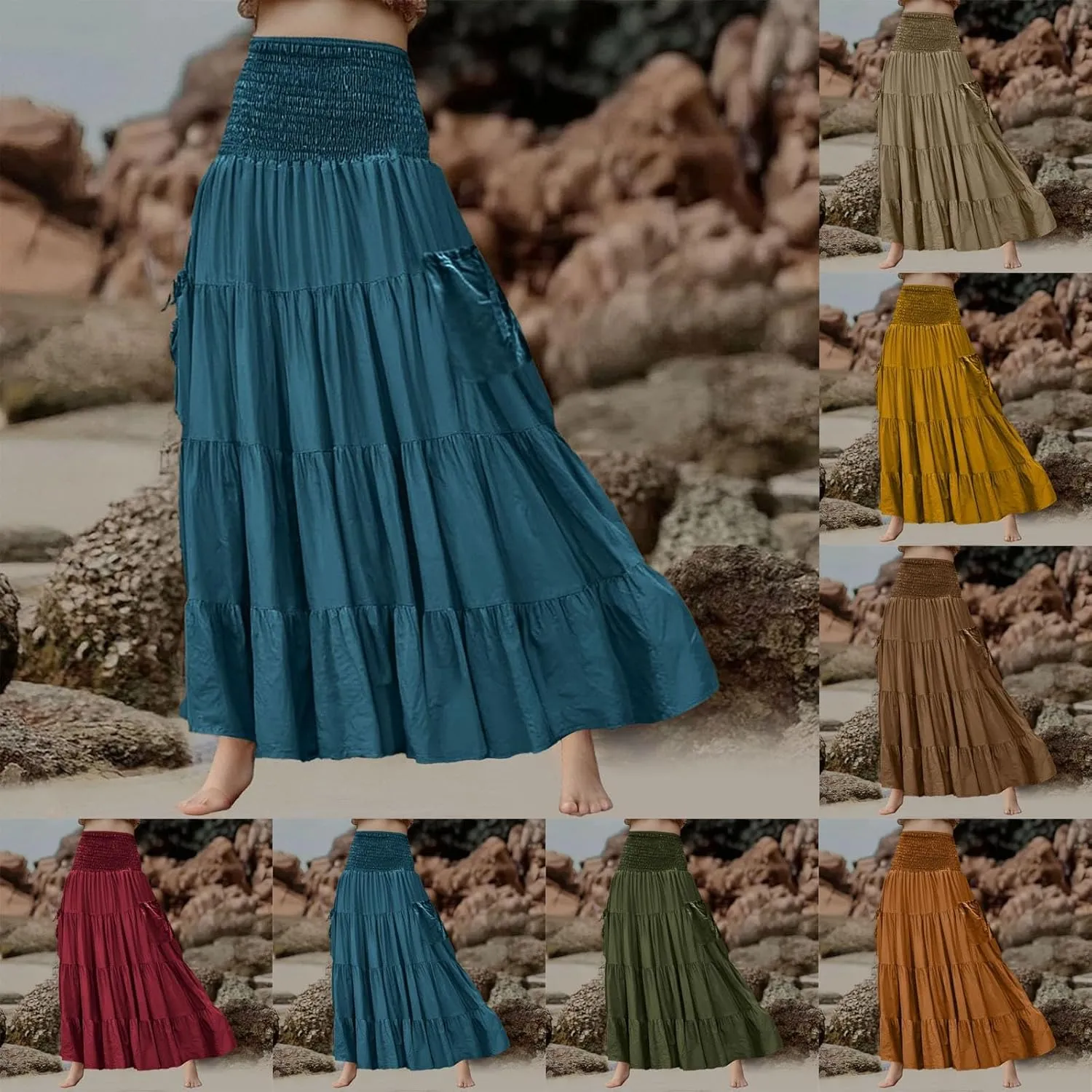 Maxi Skirt for Women Elastic Wrap Waist Beach Flowy Long Skirts with Pockets Casual Boho Ruched A-Line Dress
