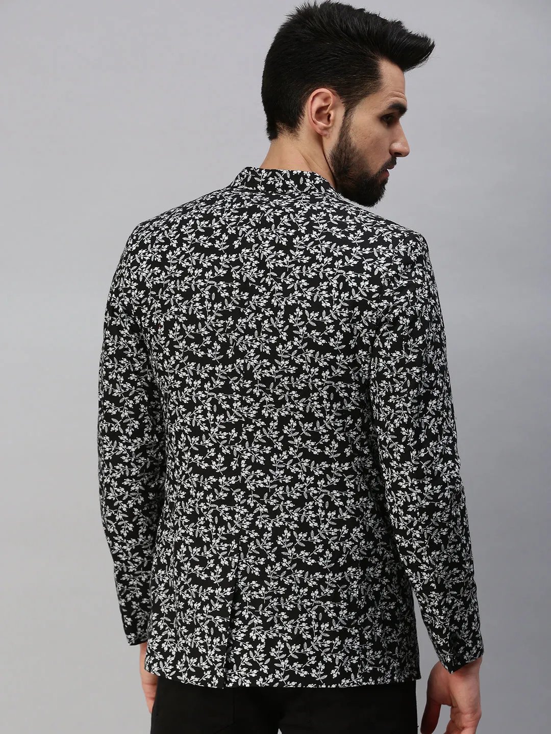 Men Black Printed Single Breasted Party Blazers