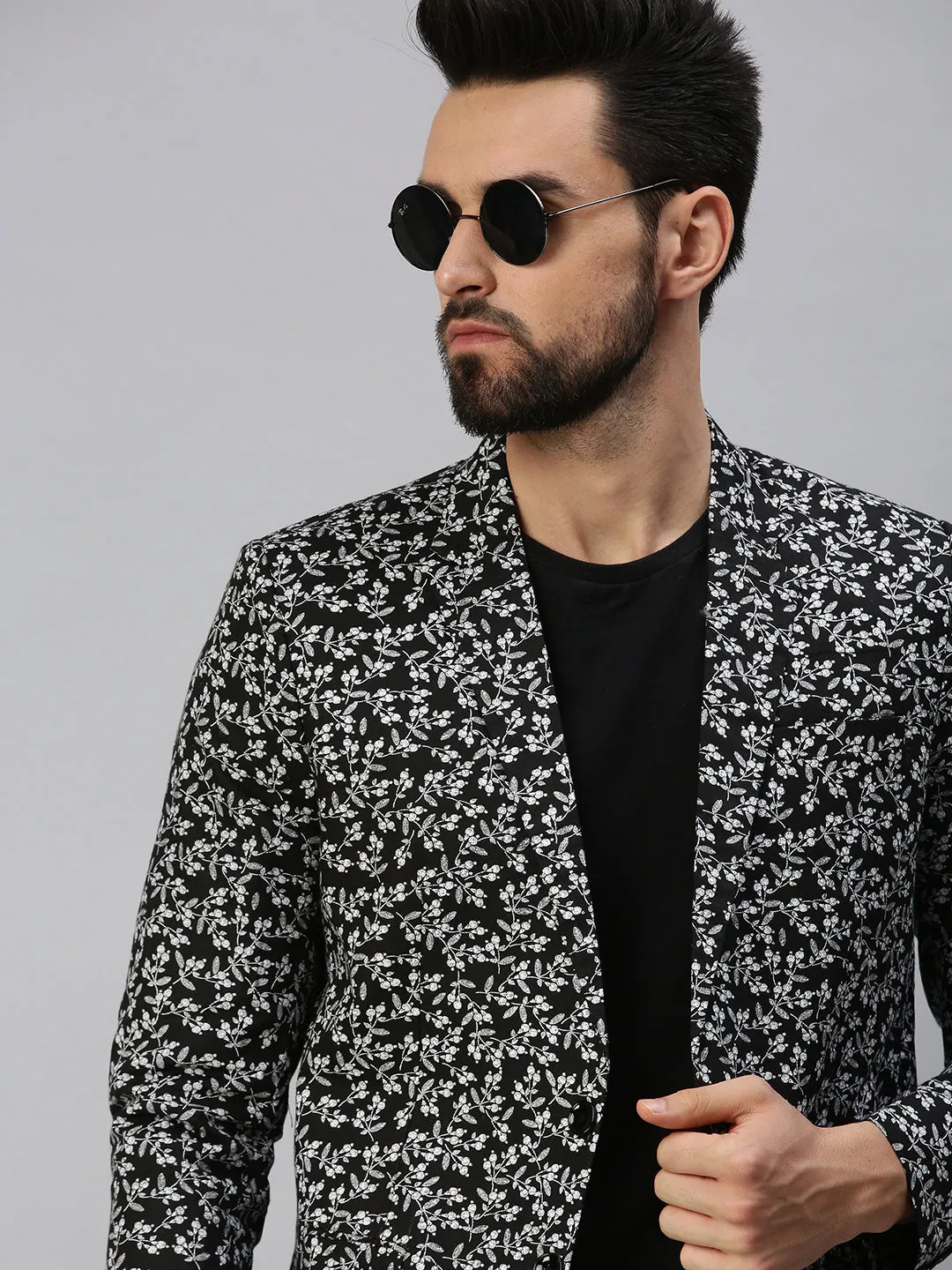 Men Black Printed Single Breasted Party Blazers