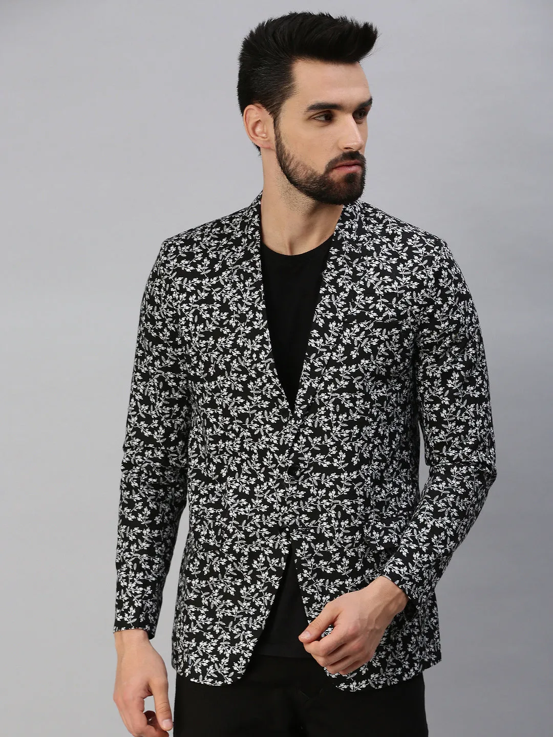 Men Black Printed Single Breasted Party Blazers