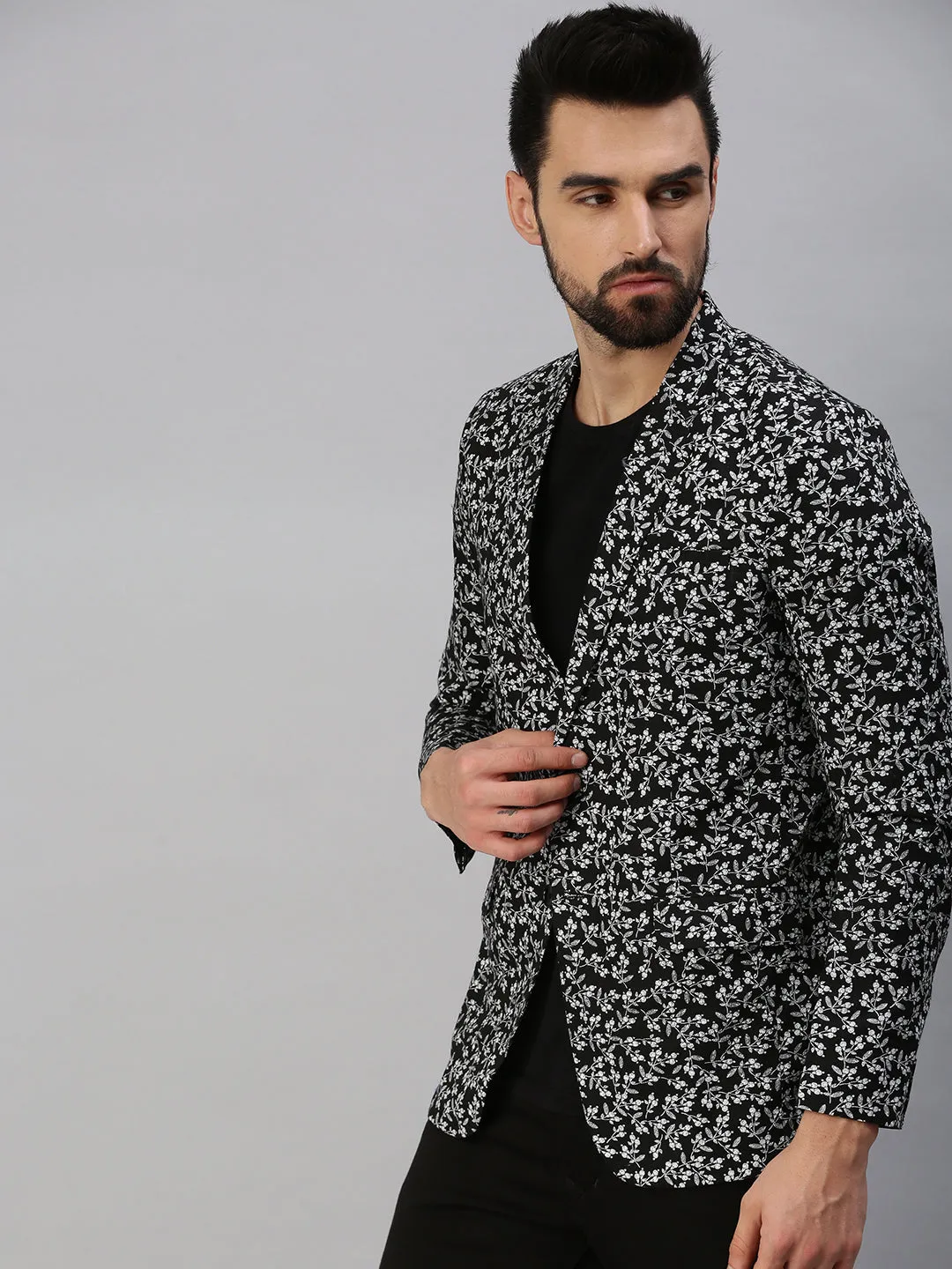 Men Black Printed Single Breasted Party Blazers