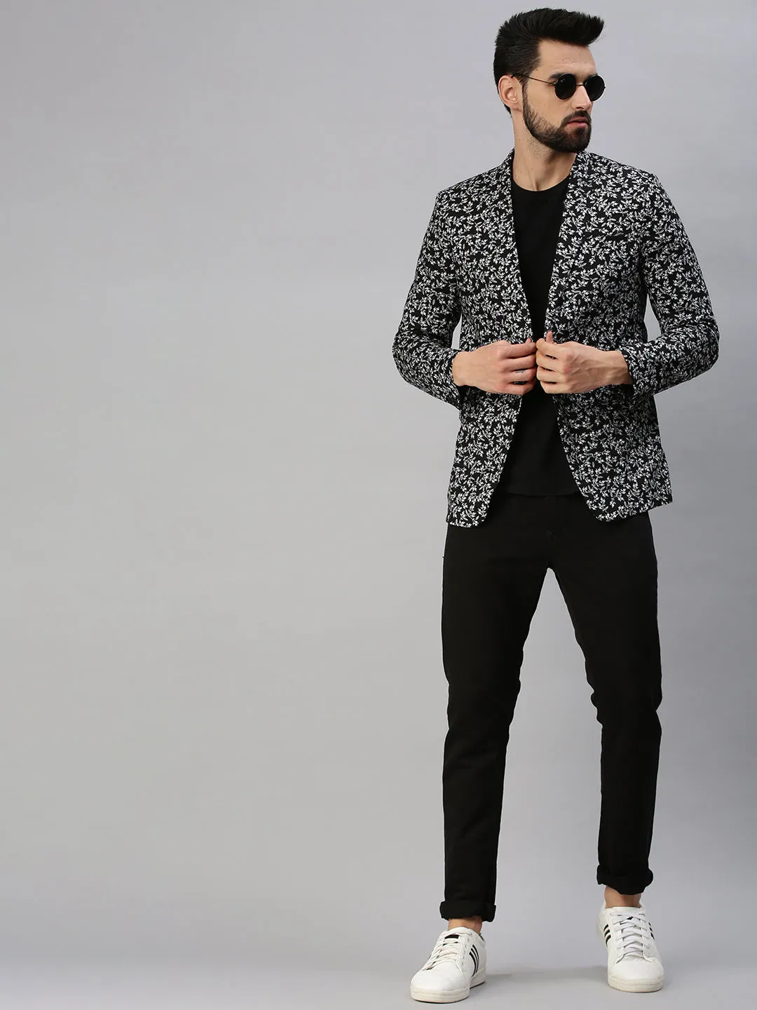 Men Black Printed Single Breasted Party Blazers