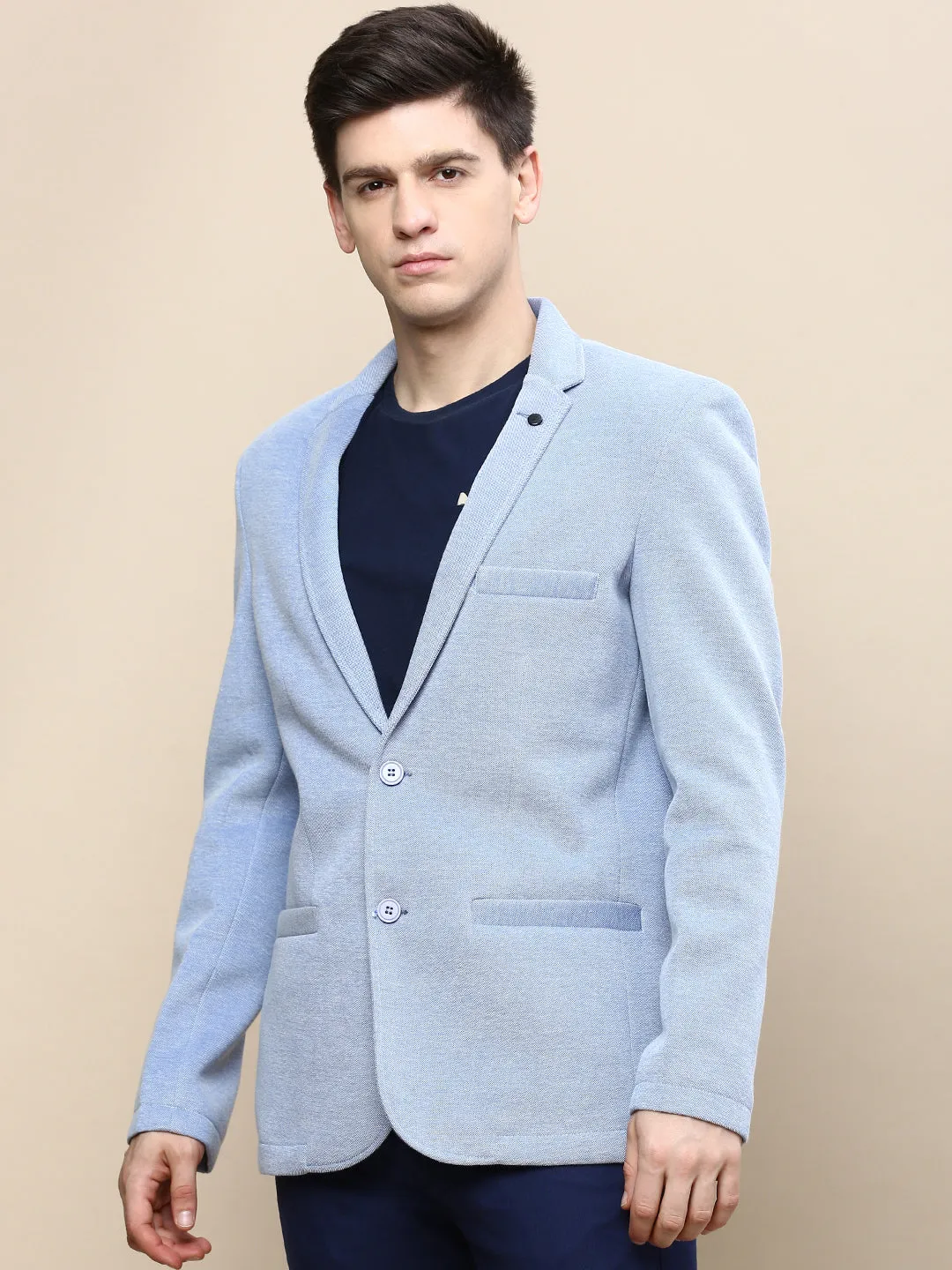 Men Blue Slim-Fit Notched Lapel Collar Single Breasted Casual Blazer