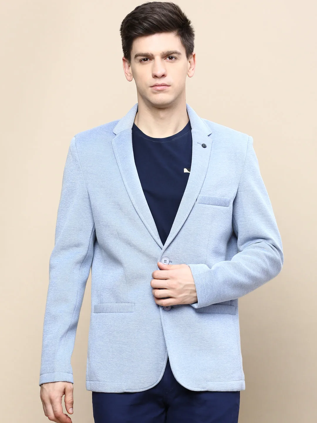 Men Blue Slim-Fit Notched Lapel Collar Single Breasted Casual Blazer