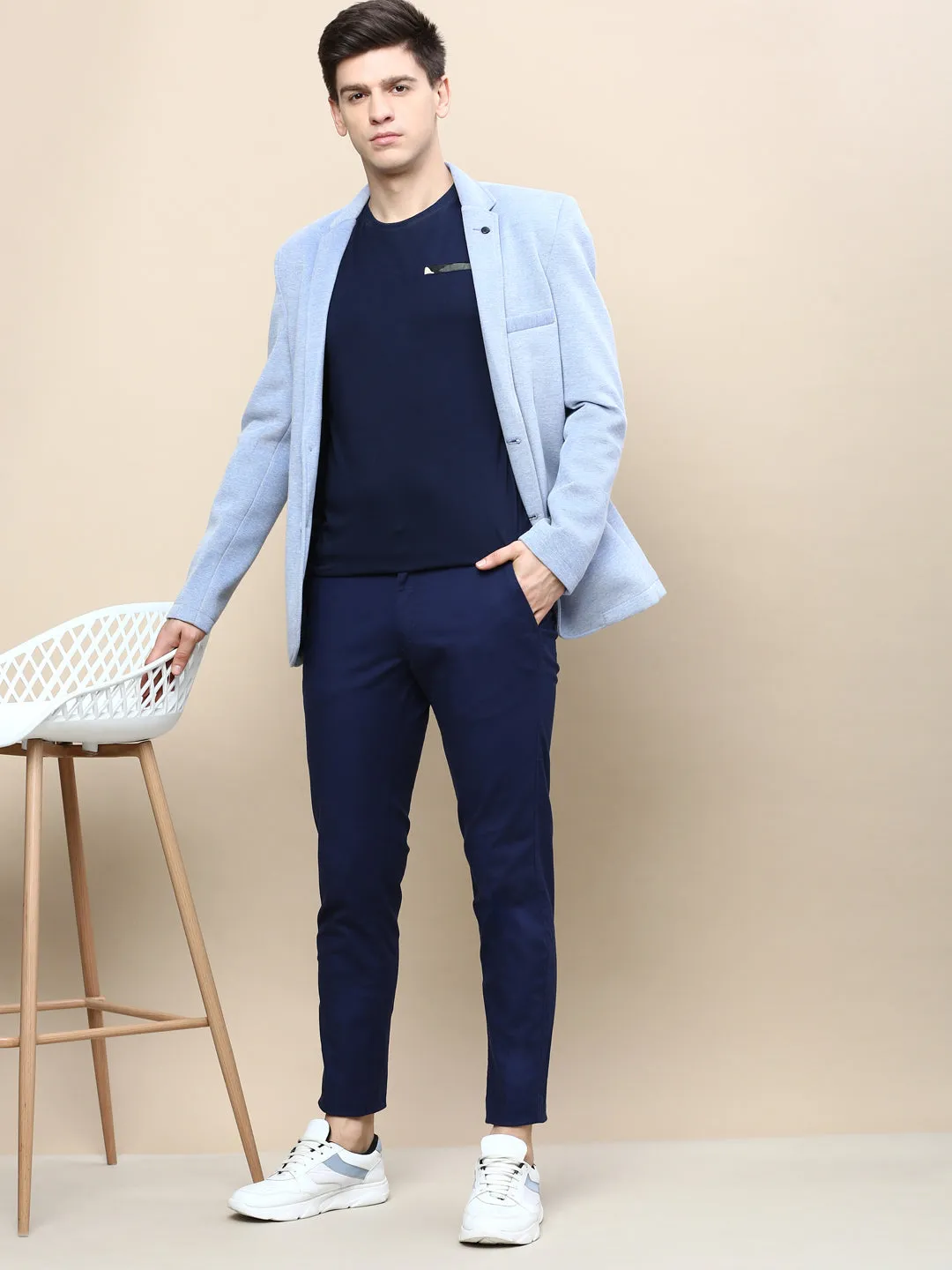 Men Blue Slim-Fit Notched Lapel Collar Single Breasted Casual Blazer