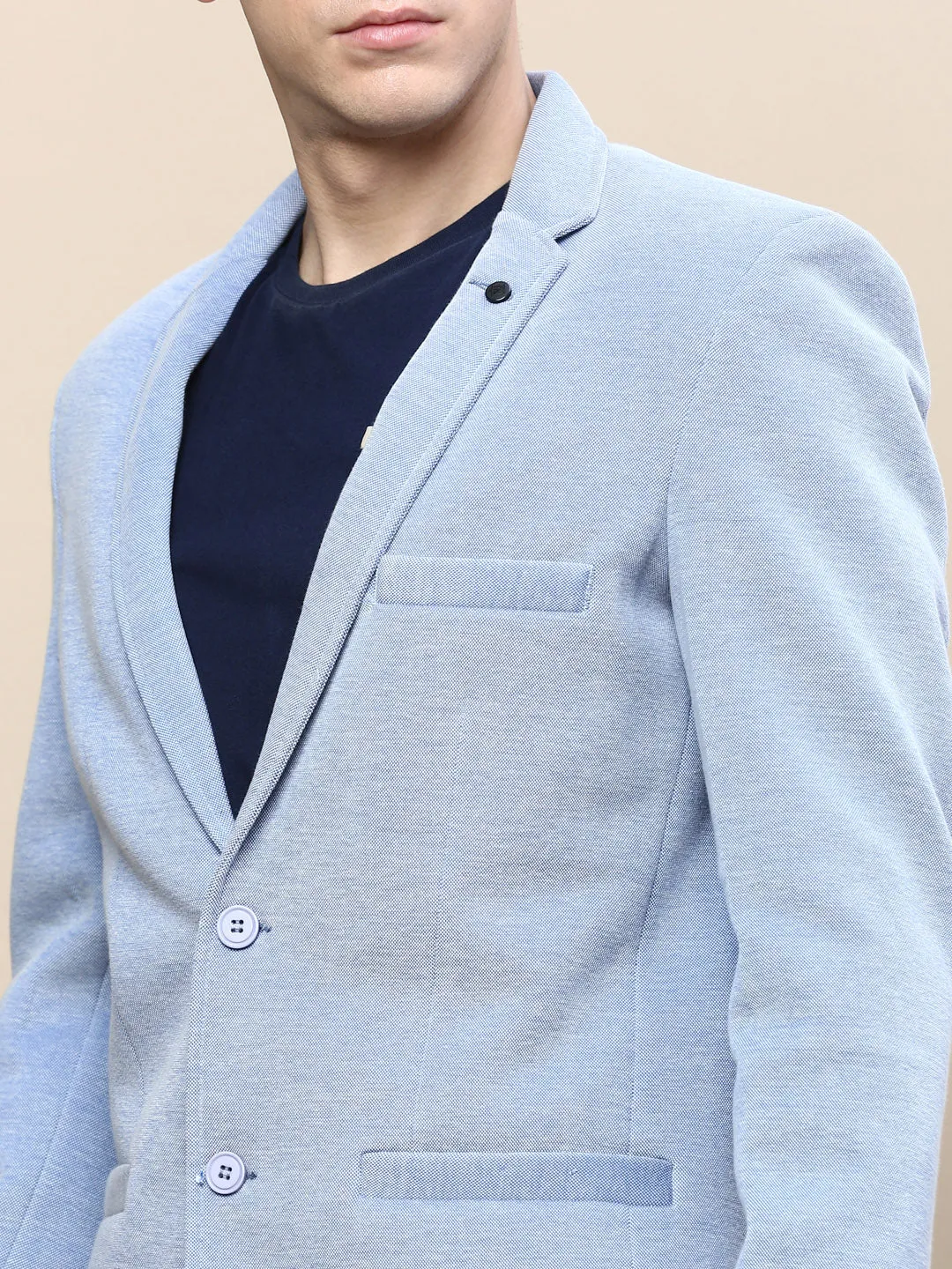 Men Blue Slim-Fit Notched Lapel Collar Single Breasted Casual Blazer