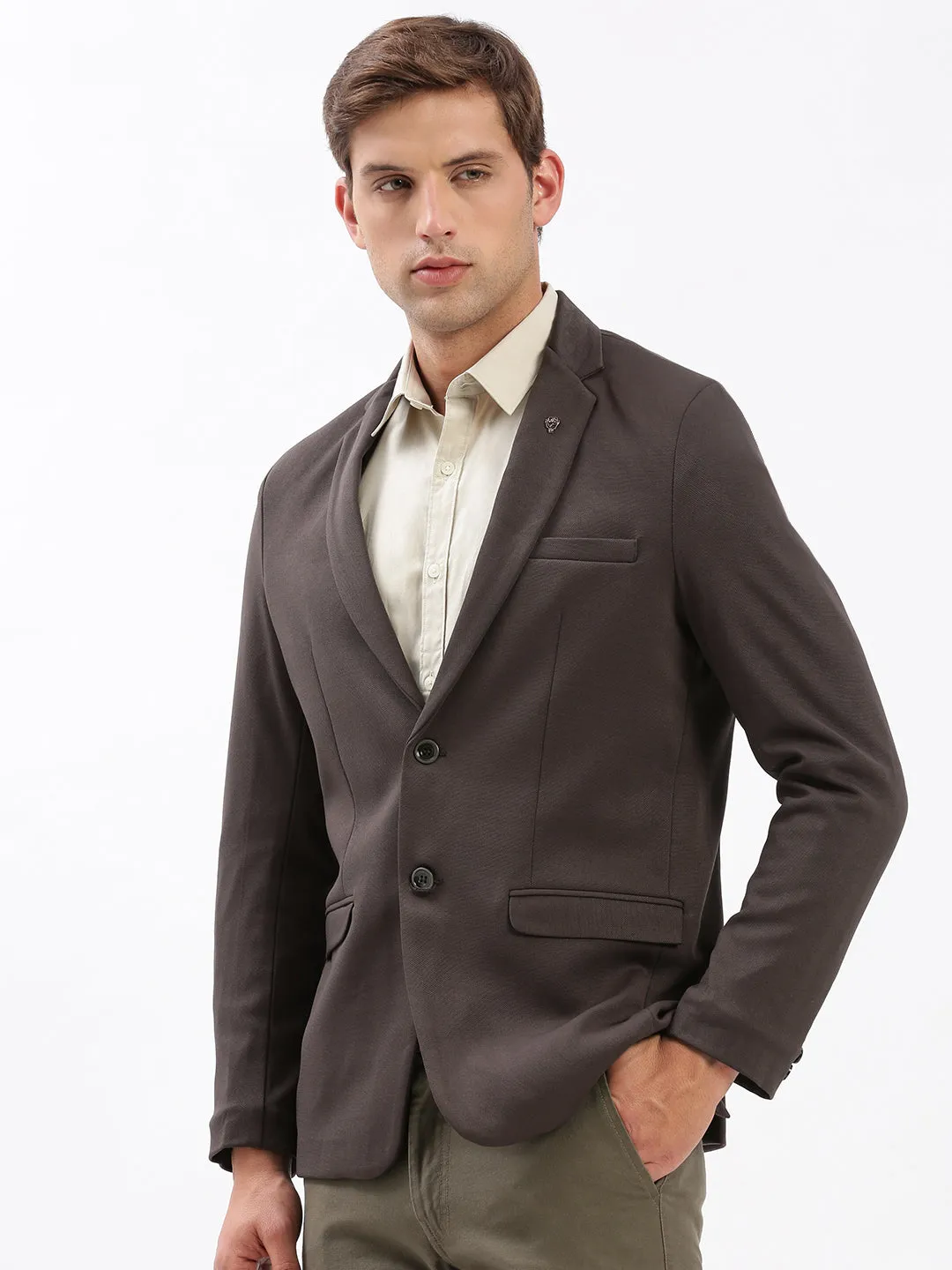Men Brown Slim-Fit Notched Lapel Collar Single-Breasted Blazer