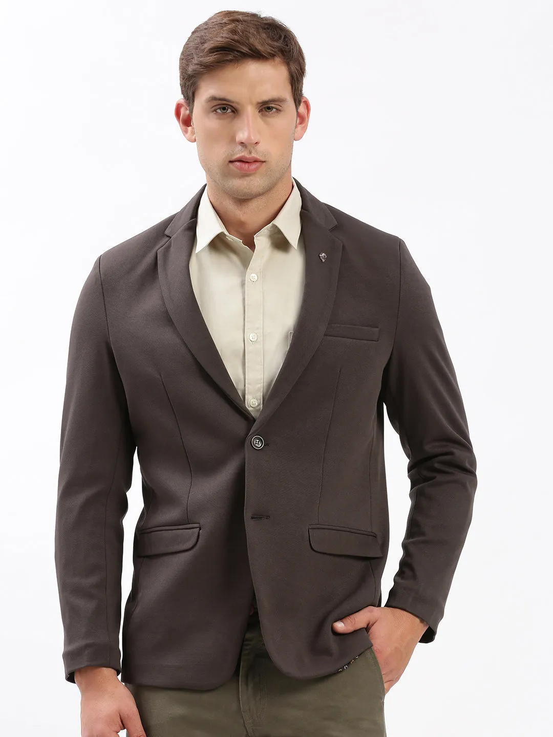 Men Brown Slim-Fit Notched Lapel Collar Single-Breasted Blazer