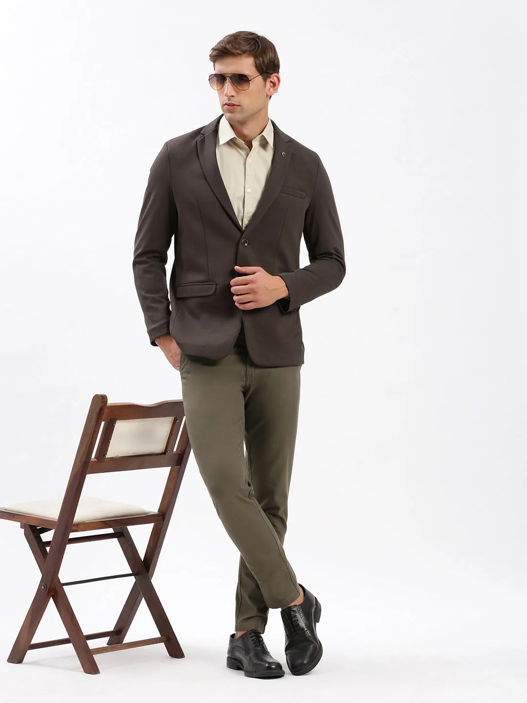 Men Brown Slim-Fit Notched Lapel Collar Single-Breasted Blazer