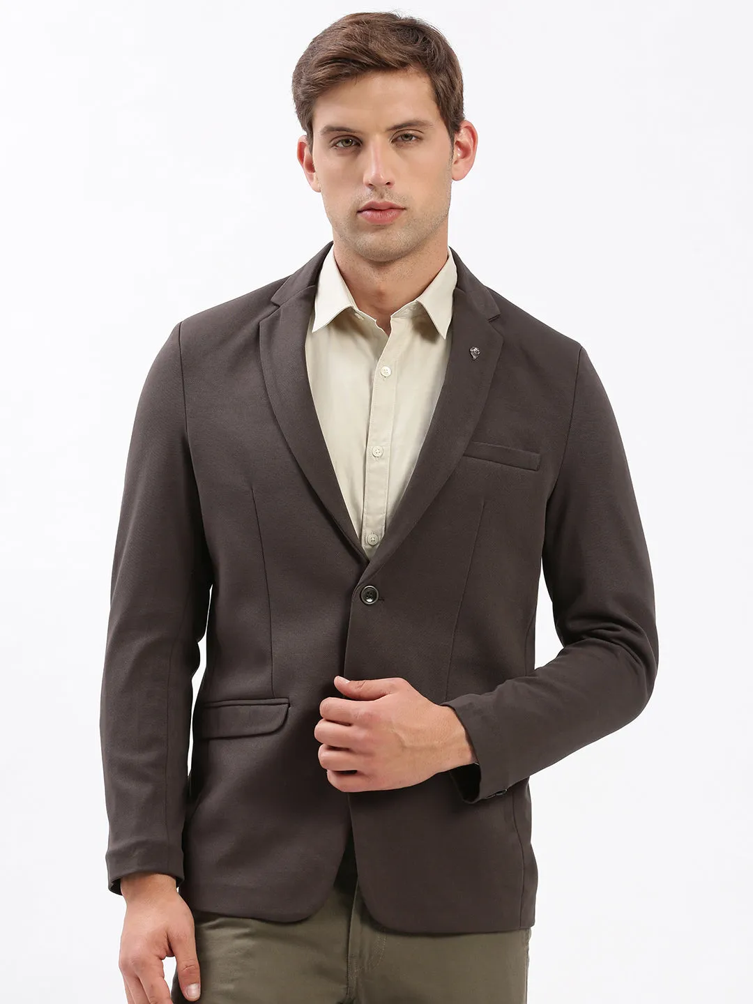 Men Brown Slim-Fit Notched Lapel Collar Single-Breasted Blazer