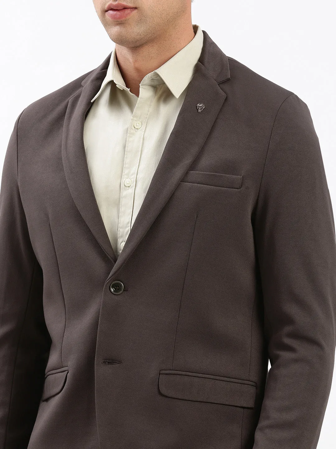 Men Brown Slim-Fit Notched Lapel Collar Single-Breasted Blazer