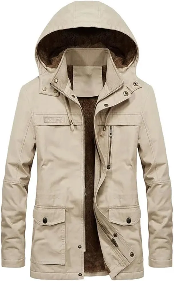 Mens Cargo Coat Thick Warm Jacket Man Parkas Casual Cotton Padded Jacket Multi-Pocket Hoodies