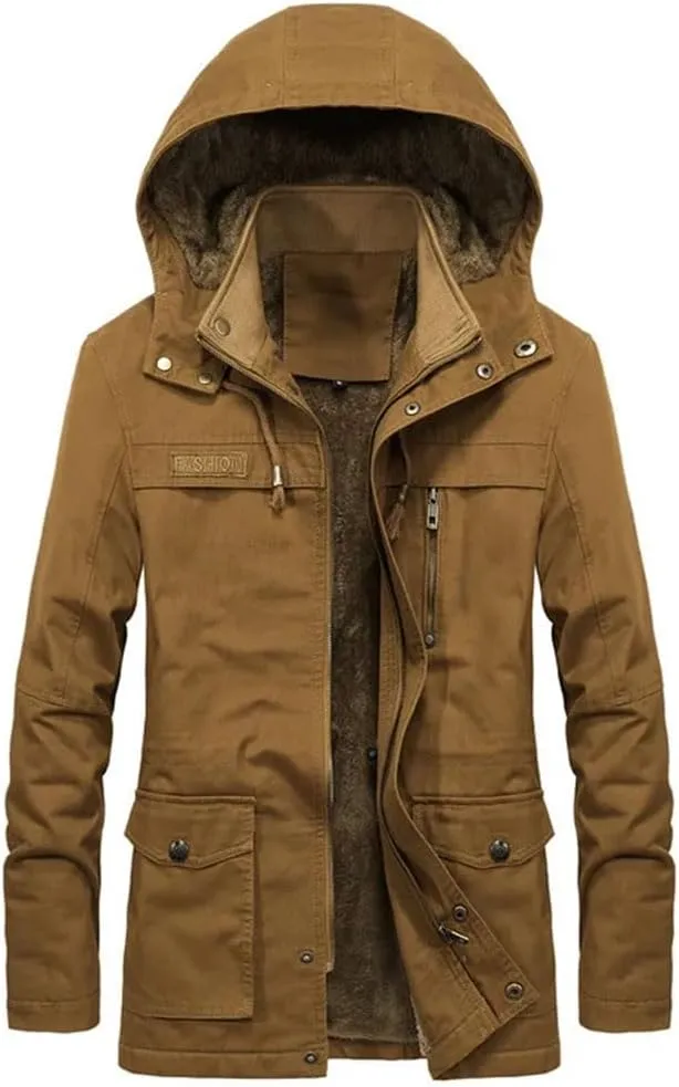 Mens Cargo Coat Thick Warm Jacket Man Parkas Casual Cotton Padded Jacket Multi-Pocket Hoodies