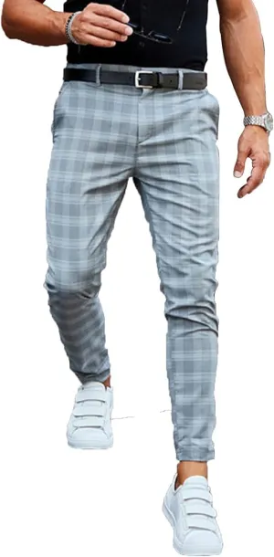 Men's Stretch Skinny Dress Pants Slim Fit Business Casual Plaid Chino Pants Fashion Stretch Flat Front Trousers