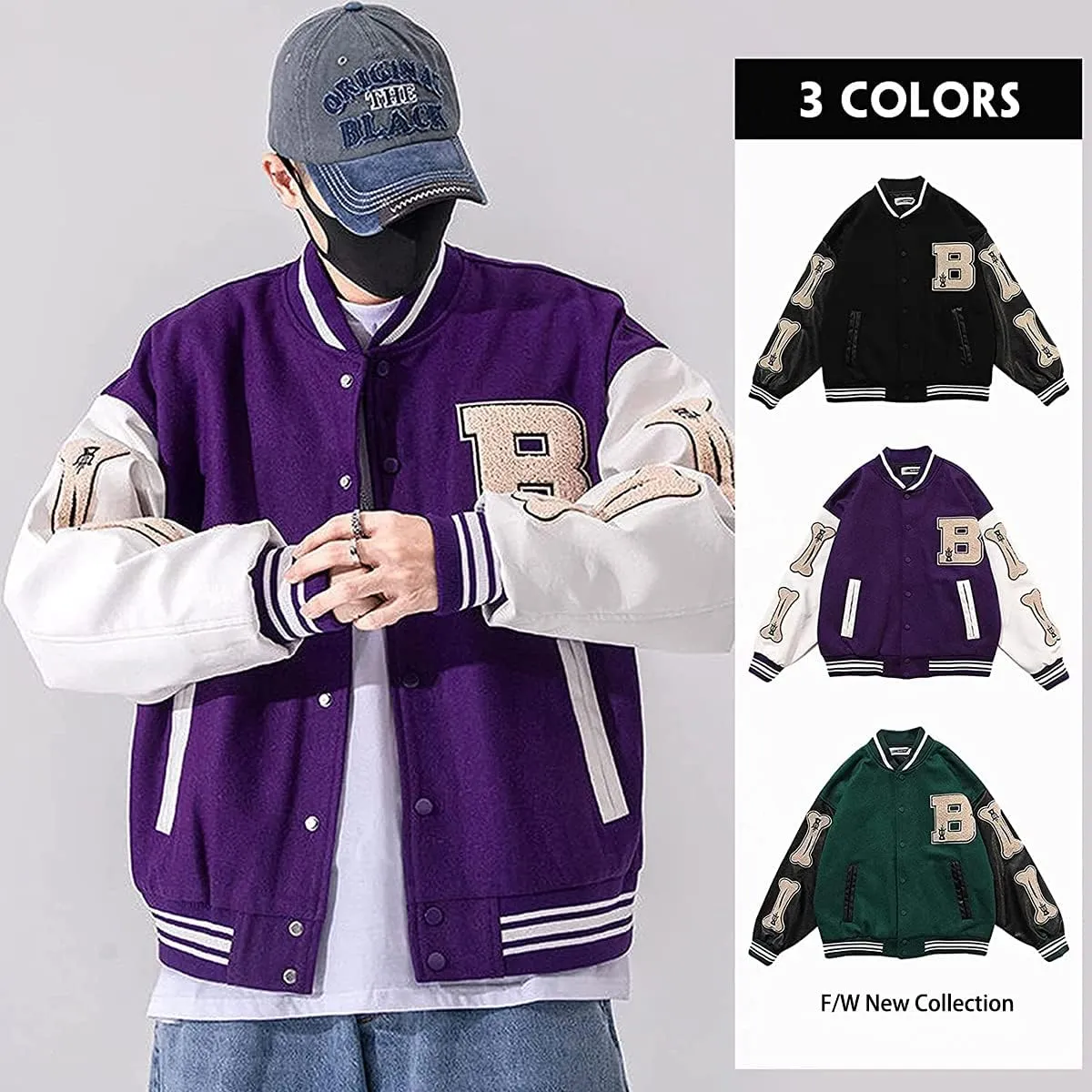 Mens Varsity College Jacket Baseball Bomber Jacket Vintage Sweatshirt Casual Unisex Streetwear Coats with Patch