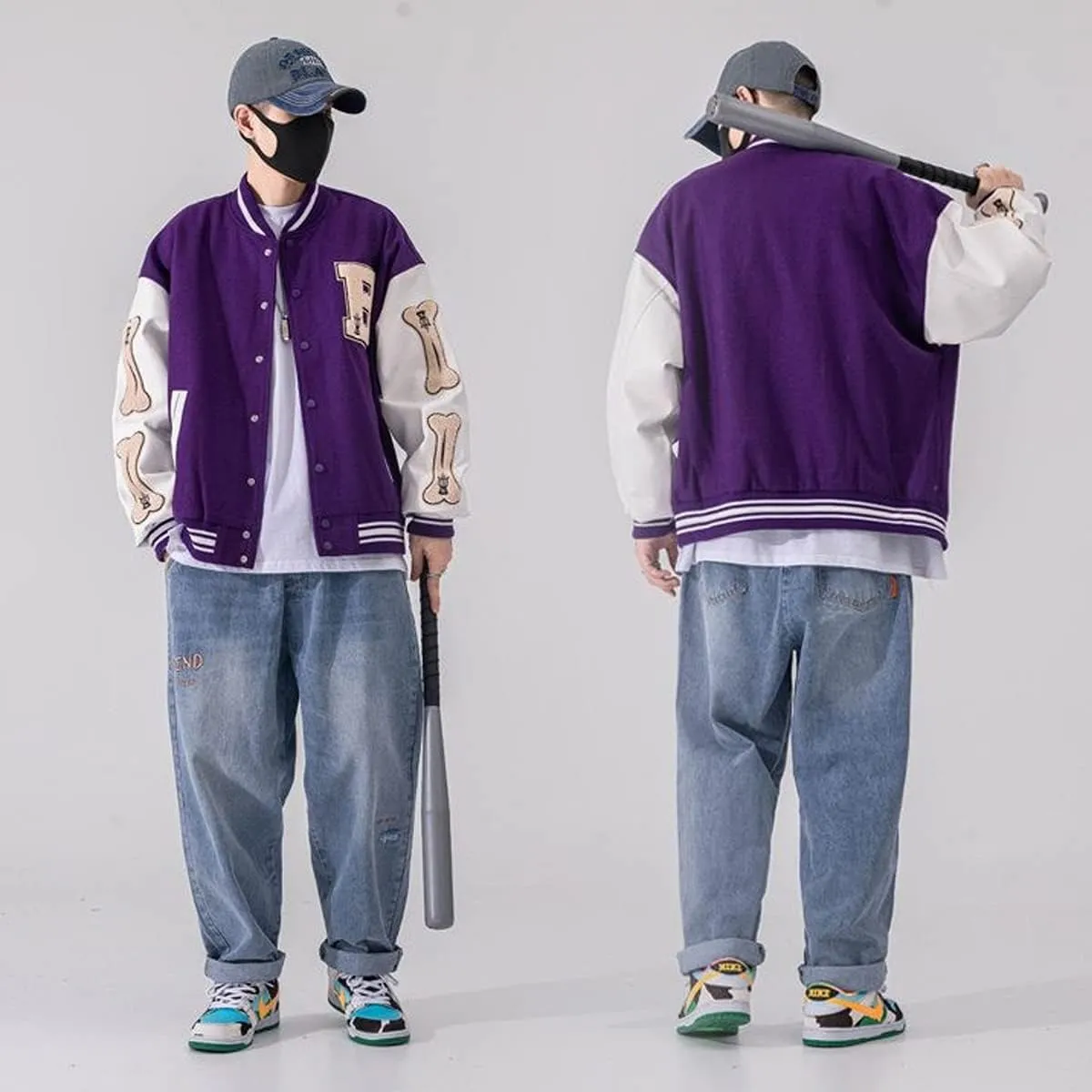 Mens Varsity College Jacket Baseball Bomber Jacket Vintage Sweatshirt Casual Unisex Streetwear Coats with Patch