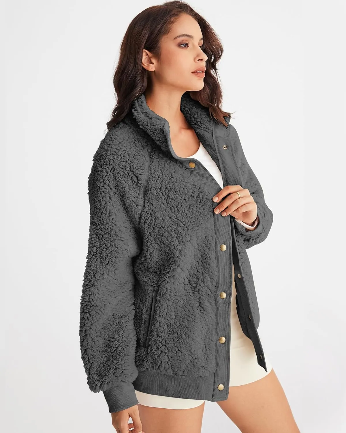 MEROKEETY Women's 2025 Winter Long Sleeve Button Sherpa Jacket Coat Pockets Warm Fleece