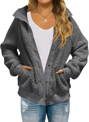 MEROKEETY Women's 2025 Winter Long Sleeve Button Sherpa Jacket Coat Pockets Warm Fleece