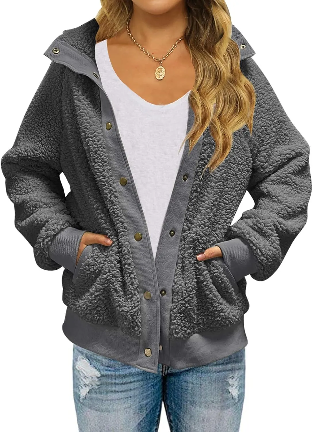 MEROKEETY Women's 2025 Winter Long Sleeve Button Sherpa Jacket Coat Pockets Warm Fleece