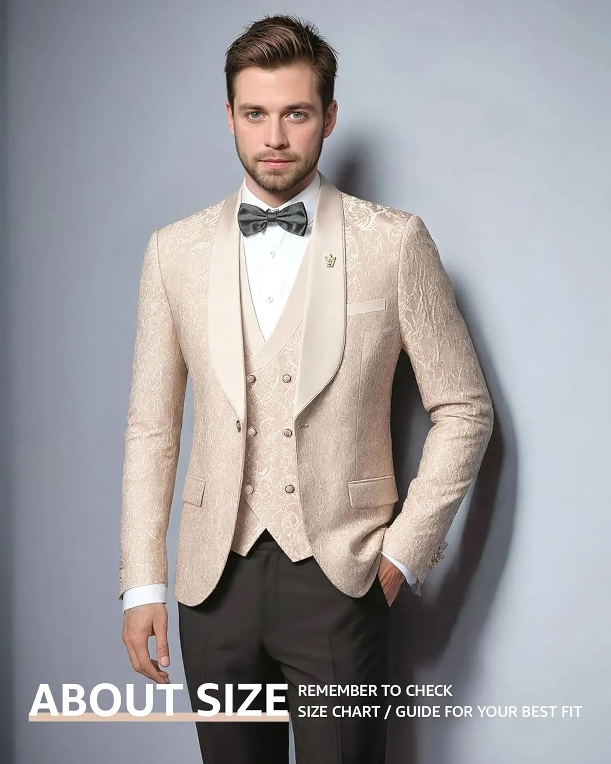 MY'S Men's Floral Suit, 3 Piece Slim Fit Paisley Tuxedo, Jacket Pants Vest with Bow Tie for Wedding Prom Dinner