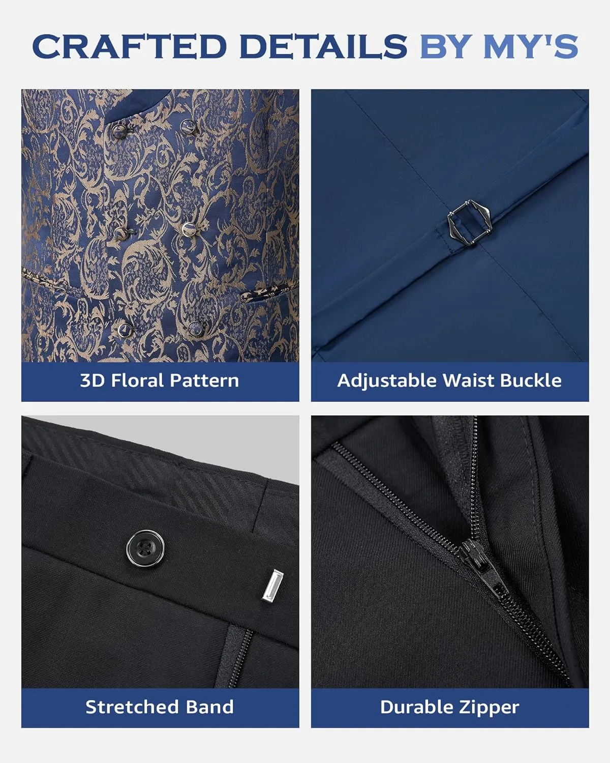 MY'S Men's Floral Suit, 3 Piece Slim Fit Paisley Tuxedo, Jacket Pants Vest with Bow Tie for Wedding Prom Dinner