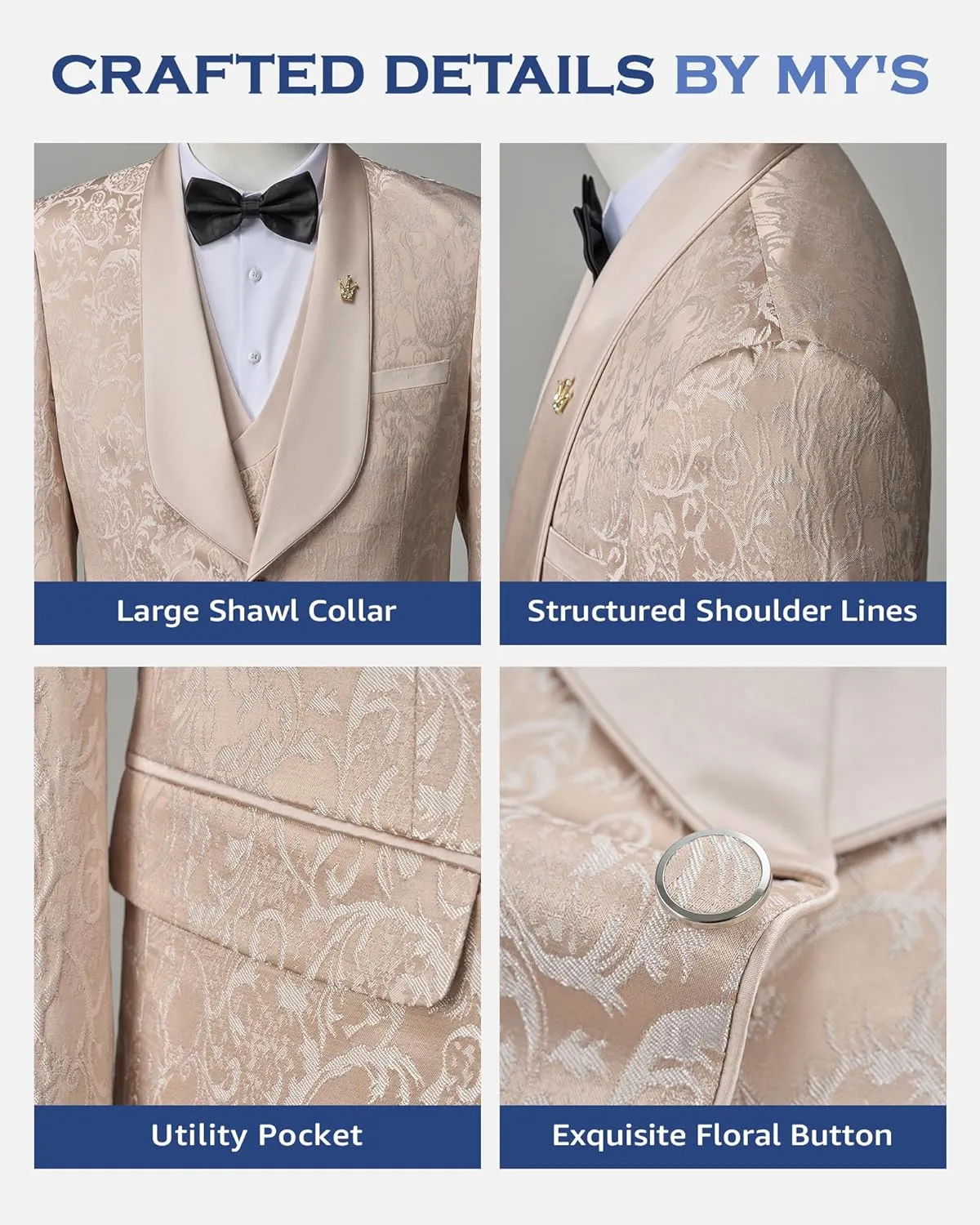 MY'S Men's Floral Suit, 3 Piece Slim Fit Paisley Tuxedo, Jacket Pants Vest with Bow Tie for Wedding Prom Dinner