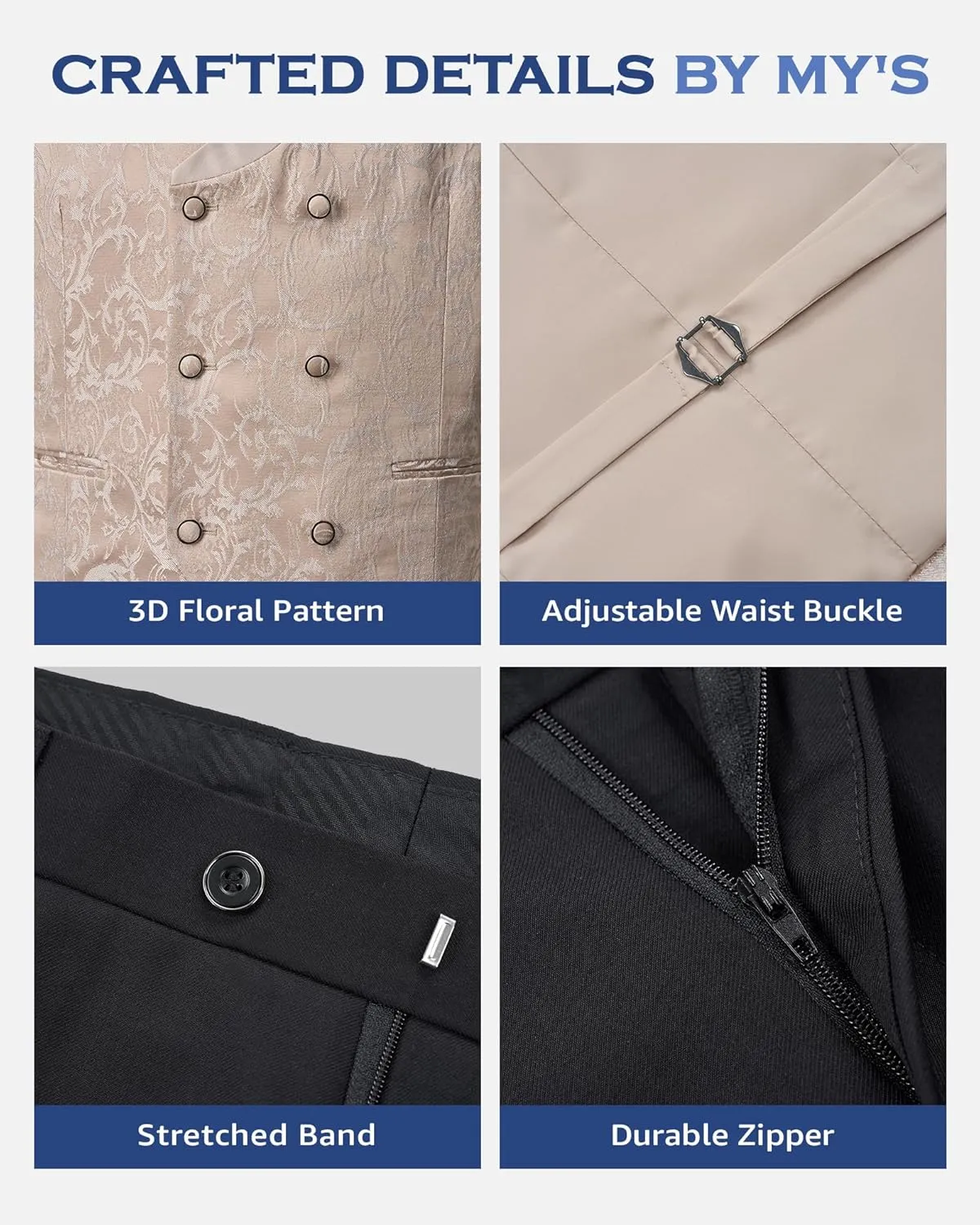 MY'S Men's Floral Suit, 3 Piece Slim Fit Paisley Tuxedo, Jacket Pants Vest with Bow Tie for Wedding Prom Dinner