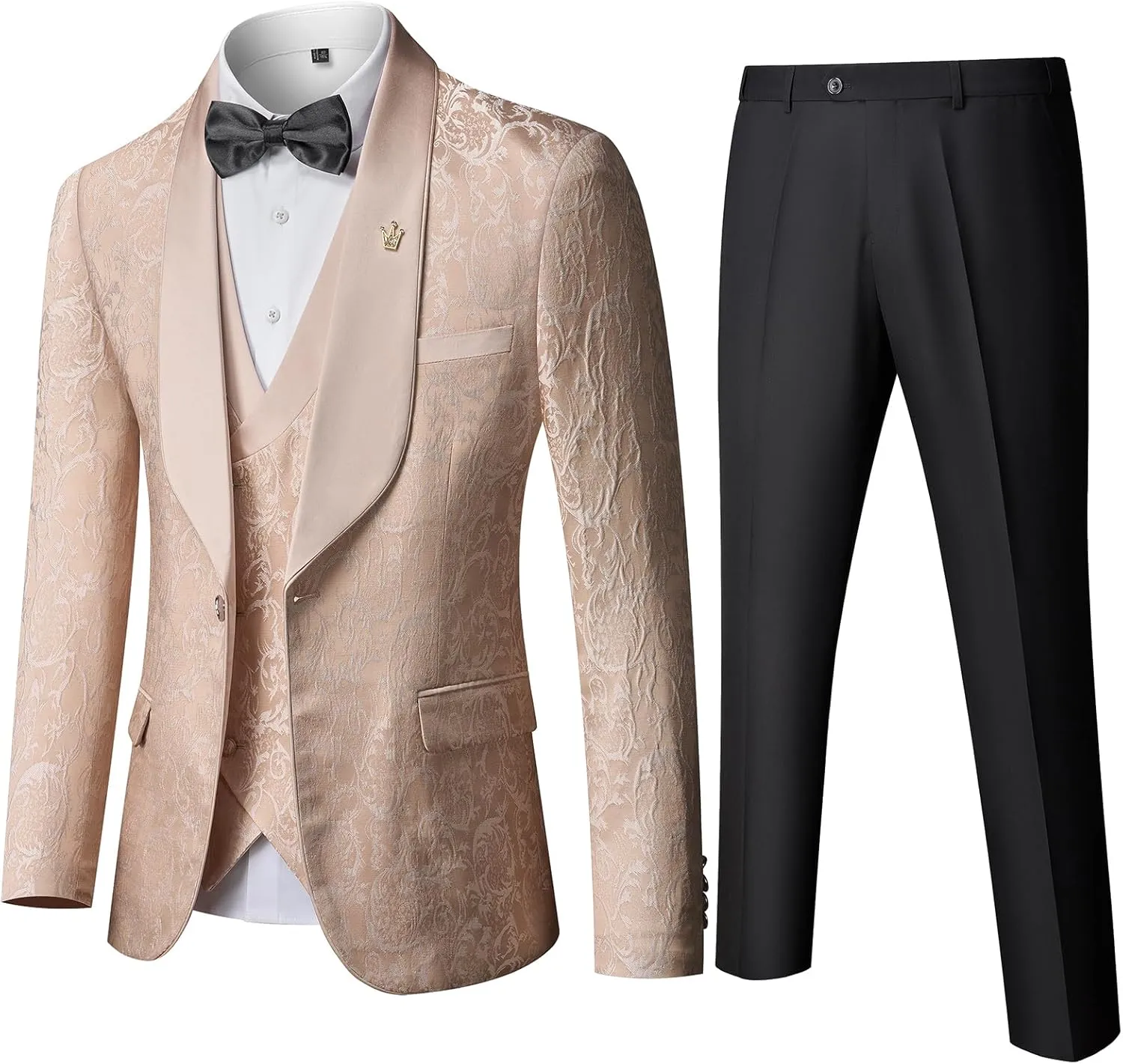 MY'S Men's Floral Suit, 3 Piece Slim Fit Paisley Tuxedo, Jacket Pants Vest with Bow Tie for Wedding Prom Dinner