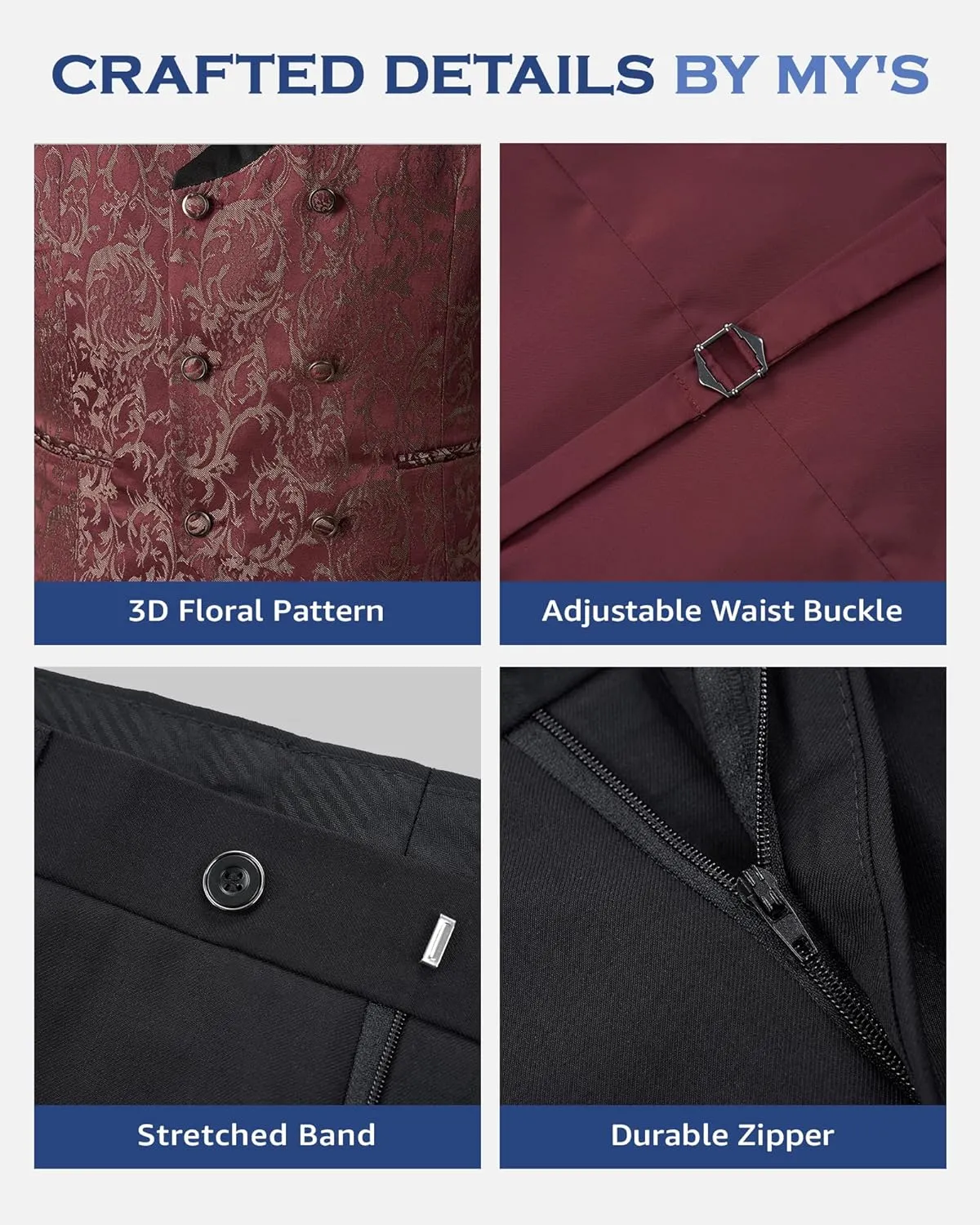 MY'S Men's Floral Suit, 3 Piece Slim Fit Paisley Tuxedo, Jacket Pants Vest with Bow Tie for Wedding Prom Dinner