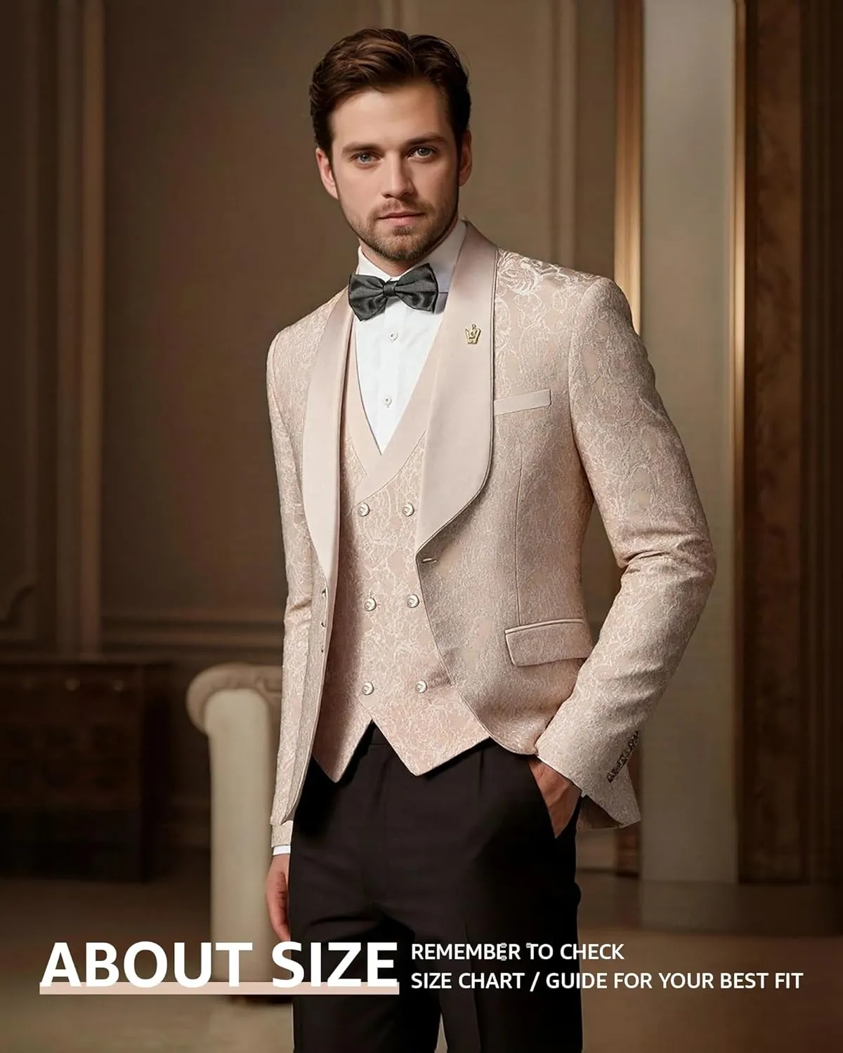 MY'S Men's Floral Suit, 3 Piece Slim Fit Paisley Tuxedo, Jacket Pants Vest with Bow Tie for Wedding Prom Dinner