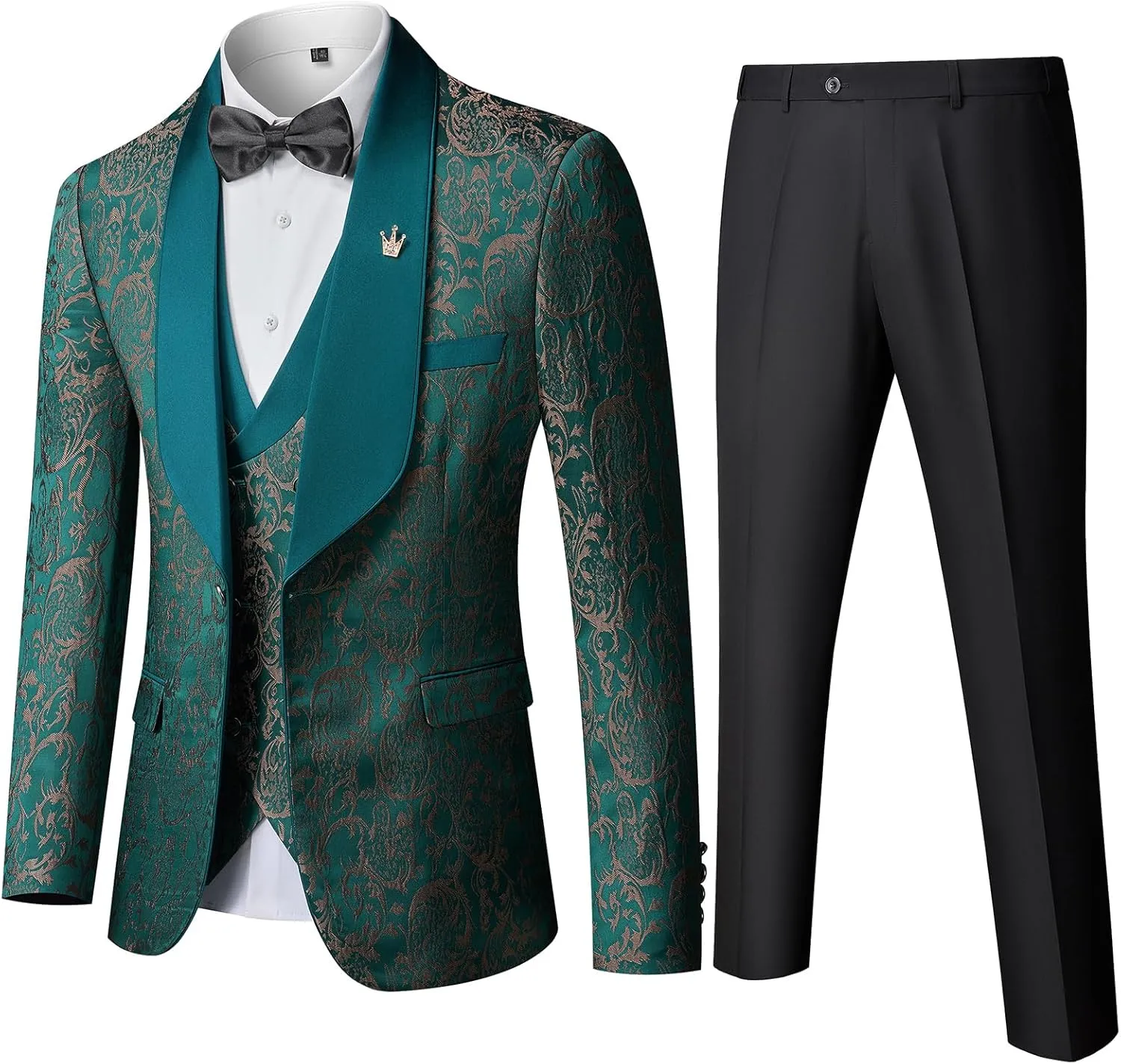 MY'S Men's Floral Suit, 3 Piece Slim Fit Paisley Tuxedo, Jacket Pants Vest with Bow Tie for Wedding Prom Dinner
