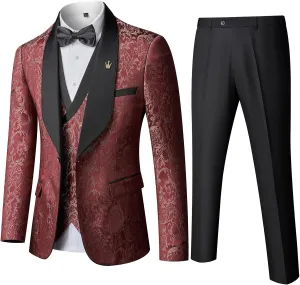 MY'S Men's Floral Suit, 3 Piece Slim Fit Paisley Tuxedo, Jacket Pants Vest with Bow Tie for Wedding Prom Dinner